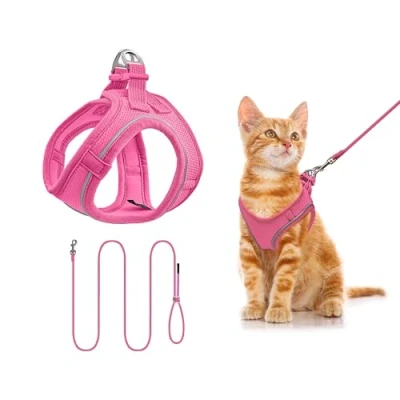 Imagen de Qianruida Arnes Gato Antiescape Arnés y Correa Perro Pequeño para Gatos Cachorro Cachorros de Pecho Rosa, XXS