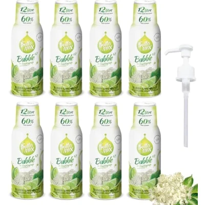 Imagen de 8 paquetes FruttaMax Concentrado de jarabe frutas Menos azúcar con un 60% contenido fruta adecuado para máquina refrescos (8 x 500 ml) Flor Saúco Lima Menta)