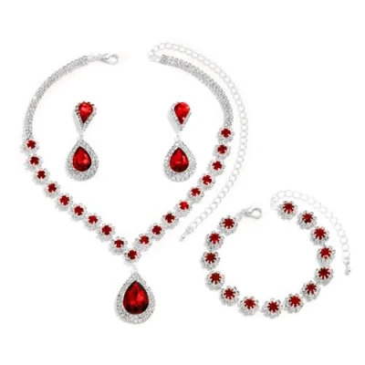 Imagen de FDEETY Juego de Joyas para Mujer Elegancia Brillante Diamantes Imitación Incluye Collar Pulseras Pendientes Boda Baile Graduación Fiesta(Rojo)