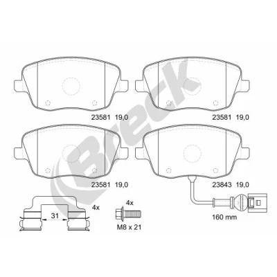 Imagen de BRECK 23581 00 702 10 Juego de pastillas freno con contacto avisador desgaste, sensor desgaste incorporado accesorios SEAT: Ibiza 3