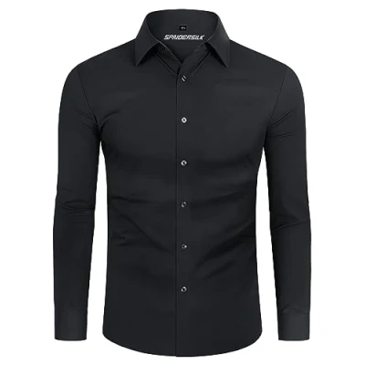 Imagen de DEMEANOR Camisa para hombre, elástica, manga larga, informal, corte ajustado, camisas de negocios, no necesita planchado, Negro , M