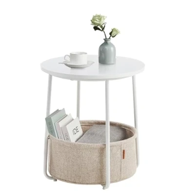 Imagen de VASAGLE Mesa Auxiliar, Lateral Redonda con Cesta de Tela, Espaciosa, para Salón, Dormitorio, Mesita Noche, Estilo Moderno, Blanco Mate y Marrón Camello LET223W10