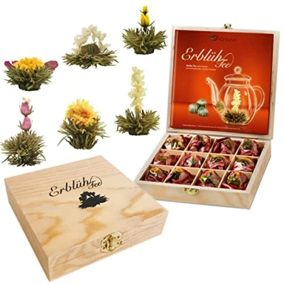 Imagen de Creano Juego de Regalo Flores Té en una Caja Madera, &quot;Té blanco&quot; 12 con 6 Tipos diferentes neto ca. 78g