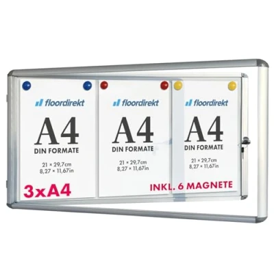 Imagen de Floodirekt Vitrina de pared 3 x DIN A4 con marco aluminio y cristal acrílico, incluye imanes, caja información, colgante magnética posterior para escribir
