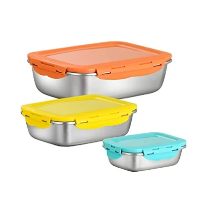 Imagen de Juego de 3 recipientes almacenamiento alimentos acero inoxidable con tapa, a prueba fugas, metal, para horno, congelador, lavavajillas, 600/1500/2900ml