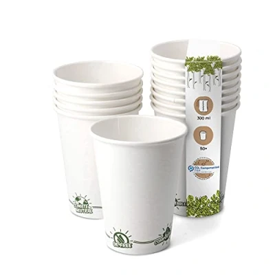 Imagen de GREENBOX vasos de papel reciclables para café blanco con revestimiento EcoUp© Icon y PLA, 50 desechables llevar, biodegradables, 300 ml