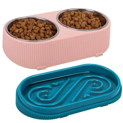 Imagen de BELLE VOUS Bebedero y Comedero Elevado Perro Gato Rosa 2 Tazones Acero Inoxidable con Base Elevada Antideslizante Dispensador de Comida para Gatos Pequeños, Medianos o Grandes Perros