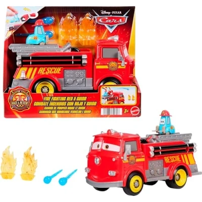 Imagen de Mattel Disney Pixar Cars Rescate a toda máquina en Radiador Springs Camión de bomberos juguete Rojo y Guido, 2 dianas plástico forma fuego proyectiles agua, JFL54