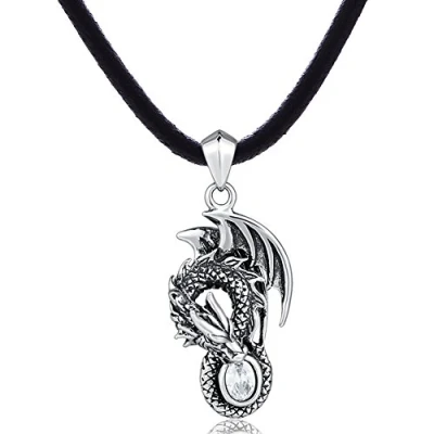 Imagen de Collar de caucho para hombre dondon 50 cm y dragón colgante acero inoxidable con circonita blanca en un diseño