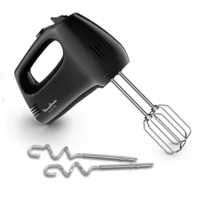 Imagen de Moulinex Quickmix HM3108 Batidora de mano varillas 300W, 5 velocidades, dos accesorios para amasar o batir acero inoxidable, pan, pizza casera, masas pastel, claras punto nieve, color negro