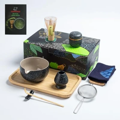 Imagen de TEANAGOO Juego de Ceremonia del Té Matcha con Bandeja, Japonés Tazón Batidor Bambú Cuchara Cernedor Soporte para Batidor,O1, Gris Carbón