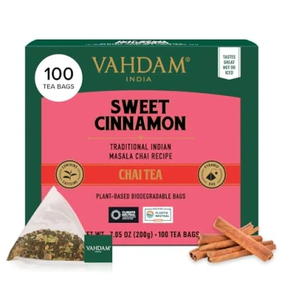 Imagen de VAHDAM, Sweet Cinnamon Masala Chai Té (100 Piramidales Bolsitas De Té) Bolsa Con Especias 100% Pura Y Natural Caliente, Frío O Como Kombucha