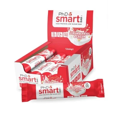 Imagen de PhD Nutrition Smart Bar barritas de proteína 12x64g Fresas con nata Snack proteico 22g y bajo en azúcar para una buena macronutrición
