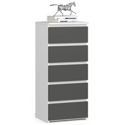 Imagen de AKORD Cómoda con 5 cajones Alta Mueble Moderno para Sala de Estar, Comedor, Dormitorio, Entrada, baño Armario habitación Infantil 35x40x92 cm Blanco &amp; Gris Grafito Frente
