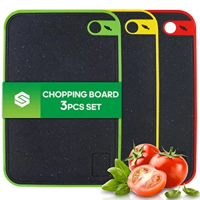 Imagen de Tabla Cortar Cocina, Juego de 3 Tablas Plástico Sin BPA, Fáciles Limpiar y Antibacterianas, Profesional Grande con Ranura para Jugo Prensa Ajos Verduras/Carne
