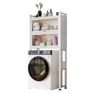 Imagen de MAGIC SELECT Estantería sobre Lavadora con Puertas Abatibles Estante de Almacenamiento Impermeable Organizador Multiusos Ahorra Espacio 3 Niveles Patas Ajustables en Altura