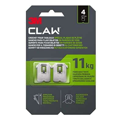 Imagen de 3M CLAW Ganchos para colgar cuadros en paredes de yeso, 4 Soporta hasta 11 kg Adecuado fijar objetos pesados, Espejos, Decoración del hogar Sin herramientas