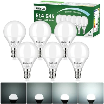 Imagen de Tailcas Regulable Bombilla LED E14 5W, Blanco Frío 6000K, Equivalente de Lámpara Halógena 40W, 450LM Sin Parpadeo, Paquete 6