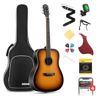 Imagen de Donner Guitarra Acústica 4/4 de Adulto Kit 41 Pulgadas Dreadnought Principiante con Cuerde Afinador Cejilla Sunburst