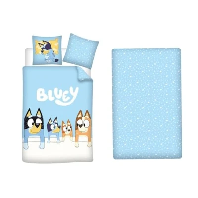 Imagen de Aymax Bluey Juego de cama 3 piezas, funda nórdica 140 x 200 cm + almohada 65 sábana bajera 90 cm, 100% polialgodón