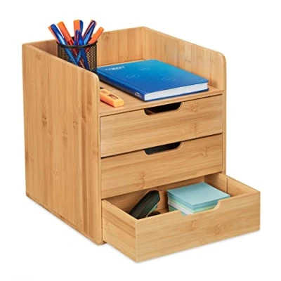 Imagen de Relaxdays Organizador Escritorio 3 Cajones y 1 Balda, Material Oficina, 33 x 30 31 cm, Cajonera Sobremesa, Natural, Tablero de Fibras