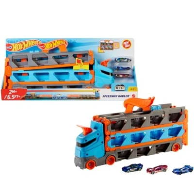 Imagen de Hot Wheels City Camión autopista, Pista de Coches Juguete 2 Metros con Lanzador, Incluye 3 vehículos (Mattel HGH33)