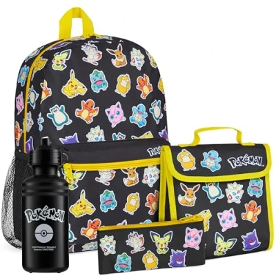 Imagen de Pokémon Mochila Set, 4 Piezas Escolar, Botella de Agua, Billetera, Estuche (Negro/Multi)