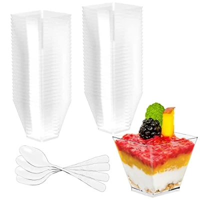 Imagen de Newaner 50 Piezas 2oz/60ml vasos para postres con Cucharas Plástico, tazas copas cuencos de postre Reutilizables Cuadrados Transparentes Pudín, Mousse, Helado, Cumpleaños, Bodas