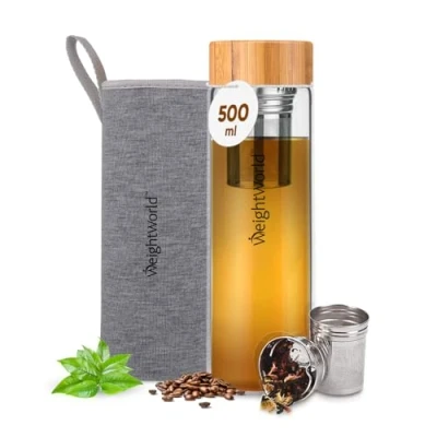Imagen de Botella Termo 500ml Doble Vidrio para Té, Agua, Infusiones o Mate, Agua Caliente Fría e Infusionador de Frutas Tapa Bambú Hermética, Acero Inoxidable y Funda Neopreno, Sin BPA