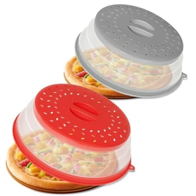 Imagen de CasaCulina Paquete de 2 fundas plegables para microondas, tapa ventilada microondas con agujero gancho, protector salpicaduras plato, cuenco platos, colador frutas y verduras,