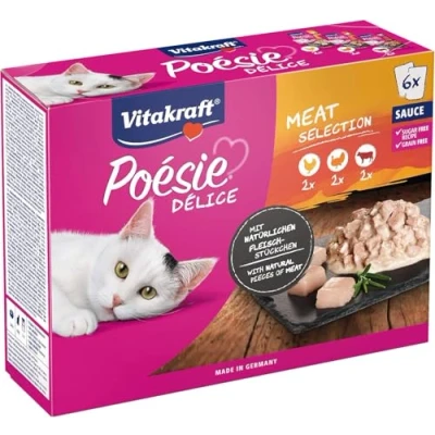 Imagen de Vitakraft Poésie Délice, Selección de Carne, comida húmeda para gatos en salsa, con pollo, ternera, pavo, multipack (1 paquete 6x 85g)