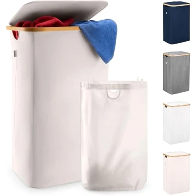 Imagen de Lonbet Cestos de lavandería con bolsas y tapa hechos bambú. Cesto para la ropa sucia dormitorios, tamaño XL, 100 L, beis