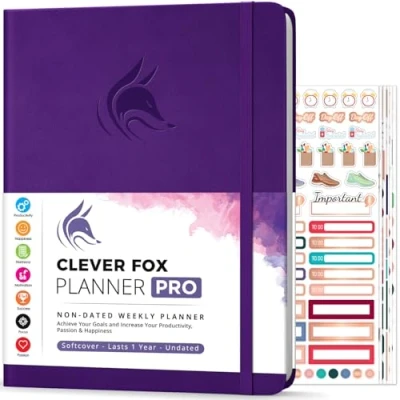 Imagen de Clever Fox Planificador PRO Organizador Personal de Vida Semanal y Mensual para Mejorar la Productividad, Gestión del Tiempo Alcanzar Tus Metas A4, Sin fechas 1 Año Púrpura