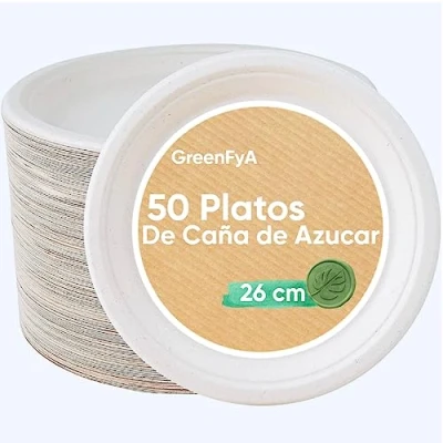 Imagen de GreenFyA Platos Desechables de Caña Azúcar Resistentes, 100% Biodegradables (50, 26cm.)