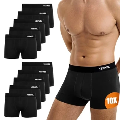 Imagen de YESWEL Calecon Boxer Hombre Paquete de 10 Pares,Ropa Interior Suave y Transpirable sin Etiqueta con Cintura Elástica (10x Negro, L)