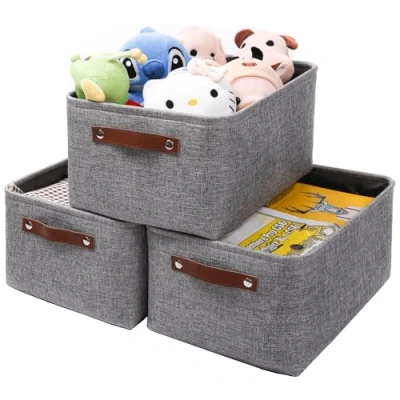 Imagen de Mangata Juego de 3 Caja Almacenaje, Cesta Almacenamiento Tela Plegable para Ropa, Juguetes, Estanterías, Armarios (Gris, Large)
