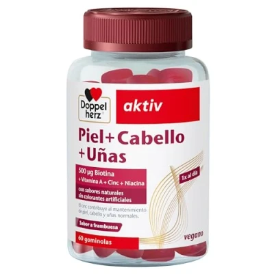 Imagen de Doppelherz aktiv Piel+Cabello+Uñas, Gominolas con Vitaminas A, C, E &amp; B6. 500 μg Biotina, Zinc, Selenio, Apróx. 60 Gomitas Blandas Veganas Sabor Frambuesa