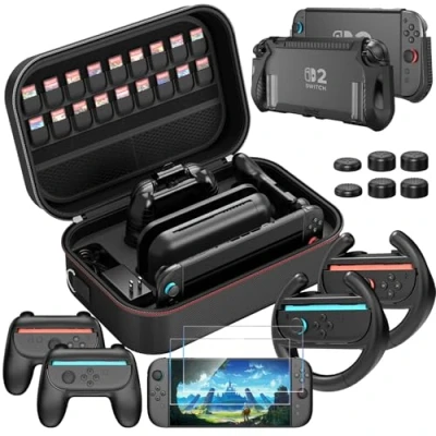 Imagen de HEYSTOP Funda para Nintendo Switch 2 Paquete de Accesorios con Carcasa Protectora Película Templada 2,Volante Carreras y Joycon El Mando