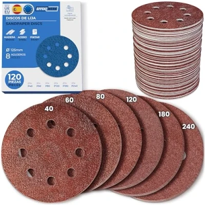 Imagen de Discos de lijado EffektWerk (paquete 120, 8 agujeros), papel lija 125 mm con varios tamaños grano (40, 60, 80, 180, 240)