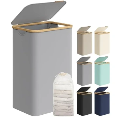 Imagen de SONGMICS Cesto de Ropa Sucia con Tapa, Gran Cesta Sucia, 90 L, Forro Malla Extraíble, Tejido Oxford, Asas Bambú, Plegable, 42 x 32 70,5 cm, Gris Paloma LCB509G01