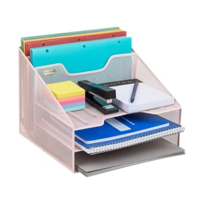 Imagen de Mind Reader Organizador de escritorio, soporte vertical para archivos, bandejas papel, oficina, malla metal, 12.5 pulgadas largo x 11.5 ancho 9.5 alto, rosa