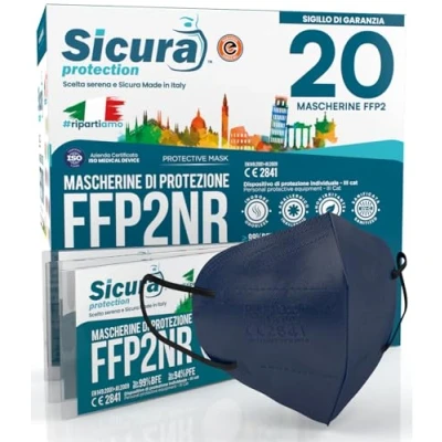 Imagen de 20 mascarillas FFP2 certificadas CE AZUL con elásticos negros SICURA BFE ≥99% Fabricado en Italia SANITIZADO y sellado individualmente