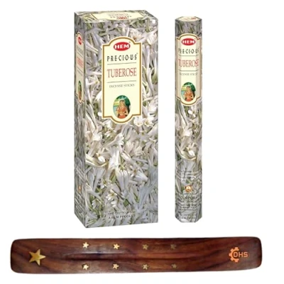 Imagen de HEM varillas de incienso PRECIOUSTuberose Caja completa 6 con soporte para DHS yoga, meditación, curación, espiritualidad, aromaterapia, spa y relajación..
