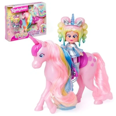 Imagen de Kookyloos Rainbow Unicorn unicornio con pelo real y muñeca Iris. Incluye el Rainbow, la exclusiva Iris, ropa zapatos de moda, 1 cepillo accesorio