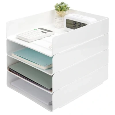 Imagen de Aevcvok 4 Bandejas Oficina Apilables, Blanco Pet Bandeja Escritorio, Plastico, Portadocumentos, Organizador para Documentos, Folios, Papeles, Material de