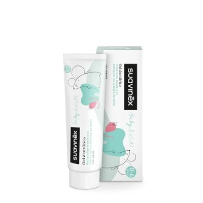 Imagen de Suavinex, Pasta Dientes Bebés y Niños 1000ppm Flúor, desde el 1er Diente hasta 6 Años, Sin Gluten, Previene Caries Cuida las Encías, con Xylitol Agua de Mar, Gel Dentífrico Sabor Fresa, 50 ml