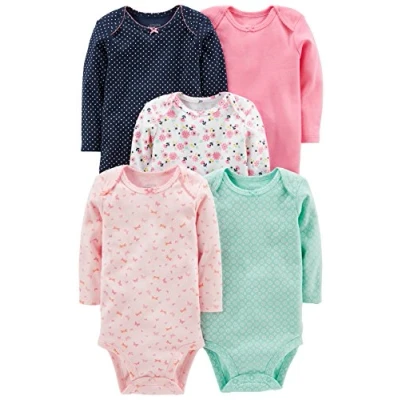 Imagen de Simple Joys by Carter&#039;s 5 Pack Long Sleeve Bodysuit Body, Azul Marino Lunares/Rosa/Verde Menta/Floral/Mariposas, Prematuro (Pack de 5) Unisex bebé