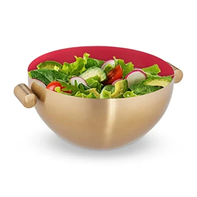 Imagen de Relaxdays Servierschüssel aus Edelstahl Ensaladera con Asas, Cuenco de Cocina, Bol Acero Inoxidable, Frutero, Tamaños a Elección, Dorado y Rojo, Large