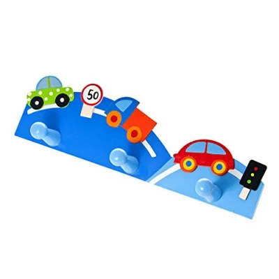 Imagen de Mousehouse Gifts Triple Gancho Perchero de Pared la Ropa en Tonos Azules y Decorado con Coches para habitación los niños