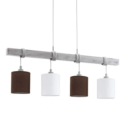 Imagen de Eglo Townshend 2, lámpara colgante de 4 luces vintage, madera, acero en blanco y textil, lino blanco, marrón, comedor, con casquillo E27